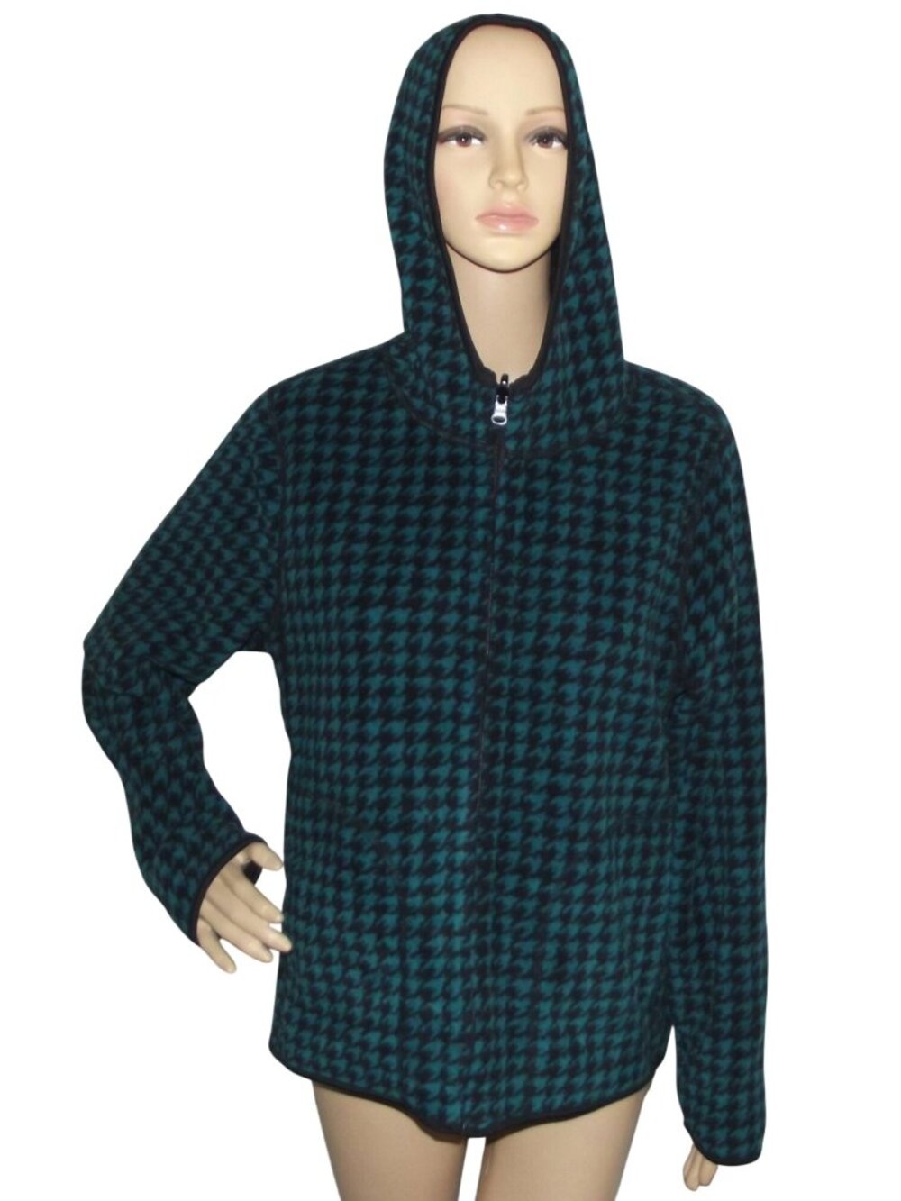 Studio Works Velour Hoodie Womens Medium green black houndstooth Reversible zip